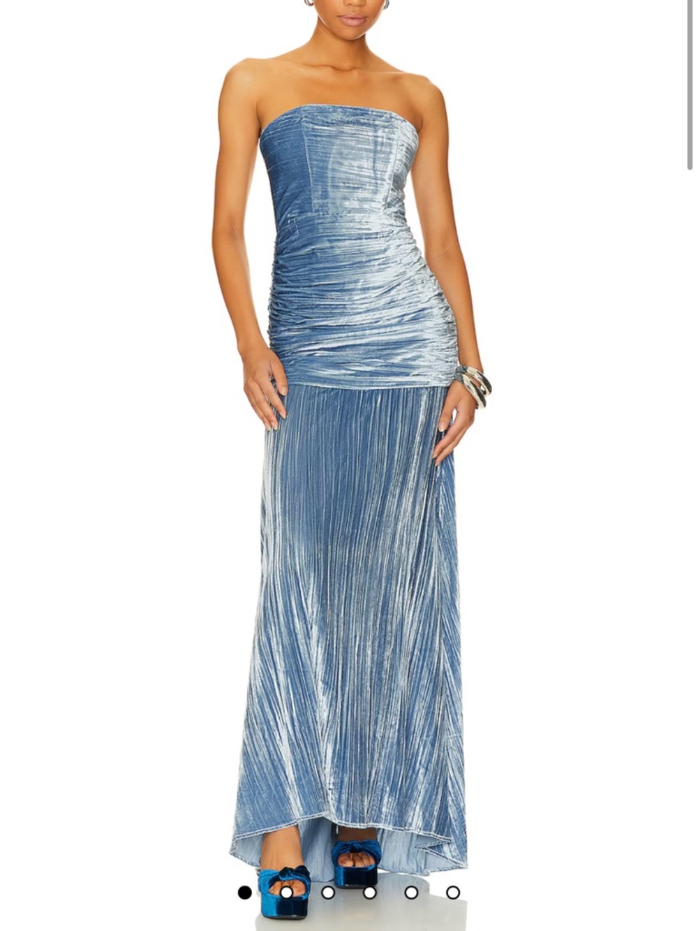 House of Harlow 1960 Strapless Metallic Blue Pleated Maxi Dress